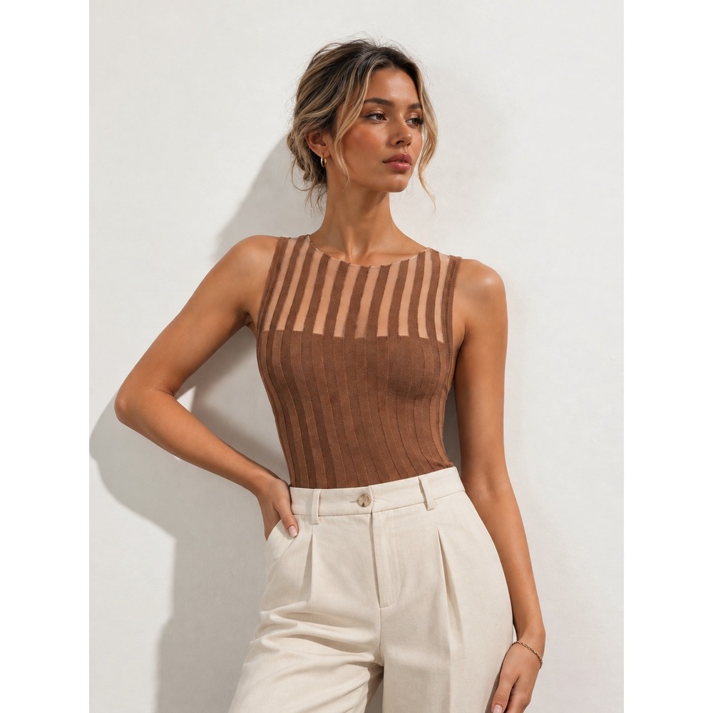 COMMENSE Brown Sheer Ribbed Tank Top Sleeveless Fitted Knit Top XS